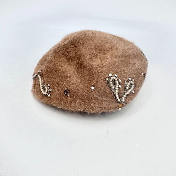 VEEDA LOUISA Tan Beige Vintage Bejeweled Beret Hat - Picture 6 of 10